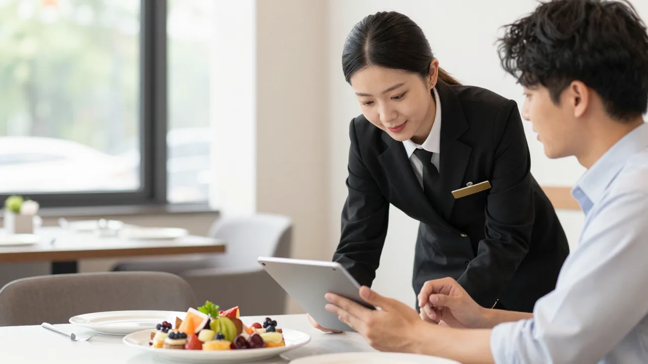 Catering coordinator and client reviewing an event proposal on a tablet at a restaurant table with a sample platter