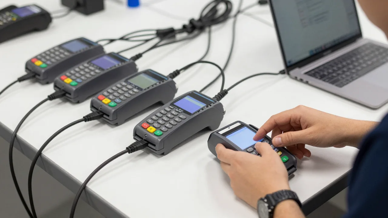 Row of identical countertop card payment terminals being configured by a technician on a workbench