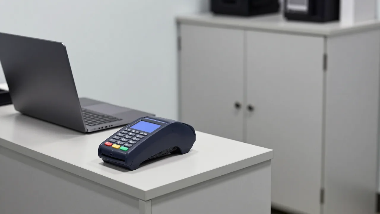 Restaurant back office workstation with a payment terminal, laptop and locked storage cabinet