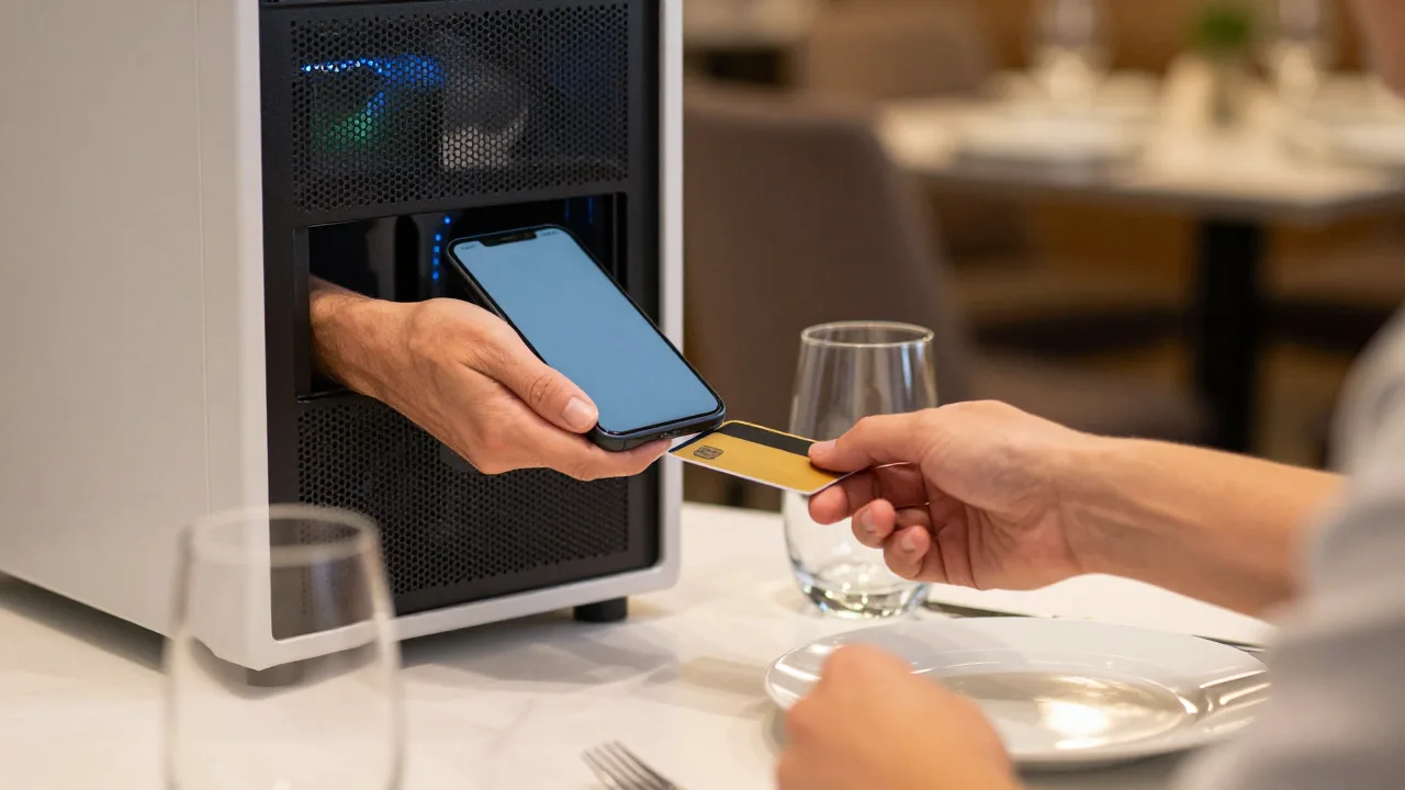 Server holding a smartphone at a restaurant table while a guest taps a contactless card against it