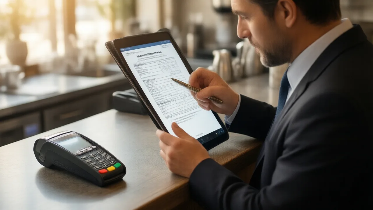Restaurant owner reviewing a merchant account statement on a tablet beside a countertop card terminal
