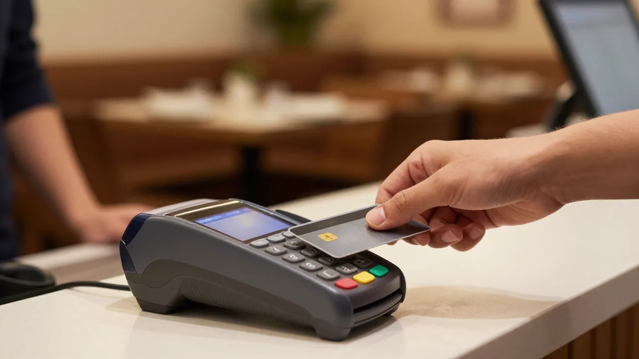 Restaurant guest tapping a credit card on a countertop payment terminal at checkout